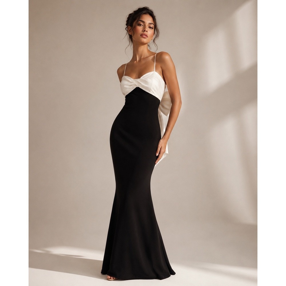 P GLAM Formal Gown Size 11/12 Black White Bow Back Prom Dress Gala Evening NWT